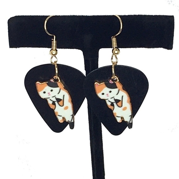 EARRINGS Black Recycled Guitar Picks with Calico Kitty - Picture 1 of 5